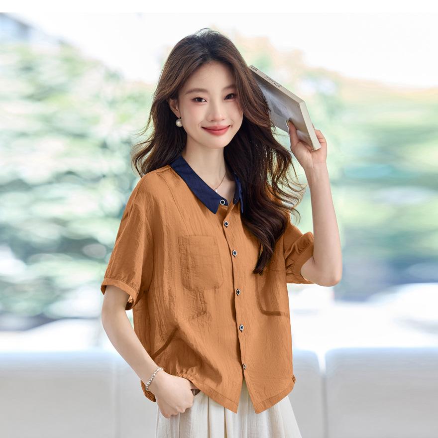 Summer fashion niche design sense contrasting color lapel loose casual versatile short-sleeved shirt women