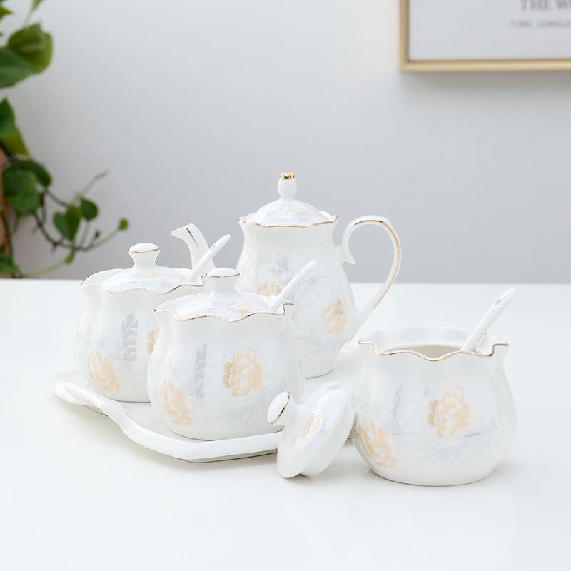 Lotus Ceramic Condiment Jar Set for Salt, Sugar, Soy Sauce, and Vinegar