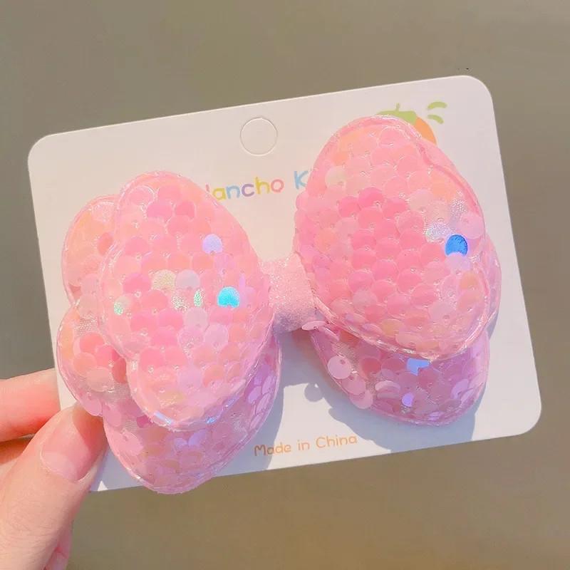 1pc Laser Sequins Bow Hair Clips Girls Children Headdress Bangs Side Duckbill Clip Sweet Cute Hair Styling Accessories Hairbands