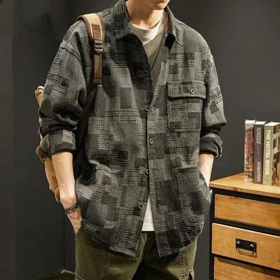 American Vintage Men Plaid Koszula do pracy Płaszcz Wiosna Jesień Moda Nowe męskie ubrania Casual Luźne czarne szare kurtki z długim rękawem