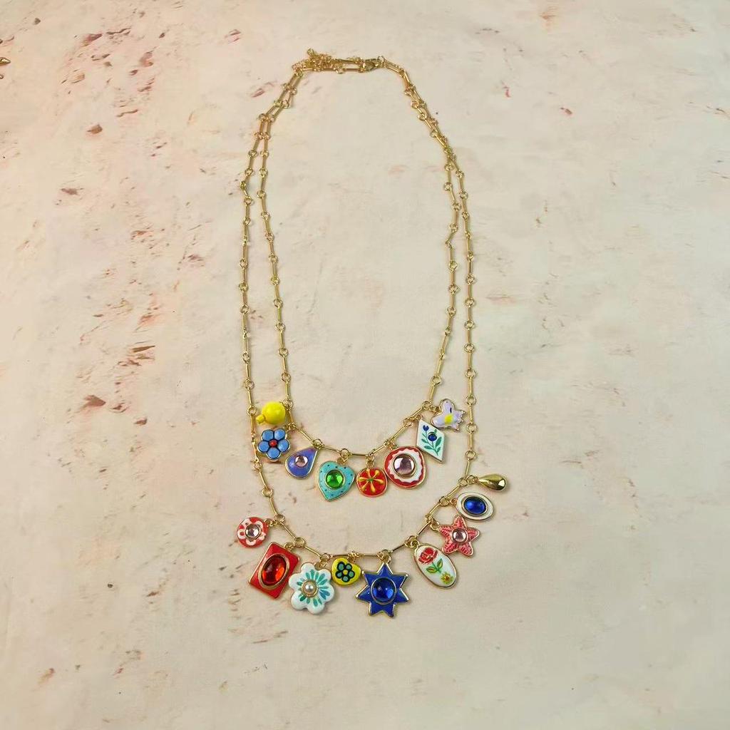 European Bohemian Enamel Flower Necklace - Hand-painted, Multi-layer Stackable Design for Women