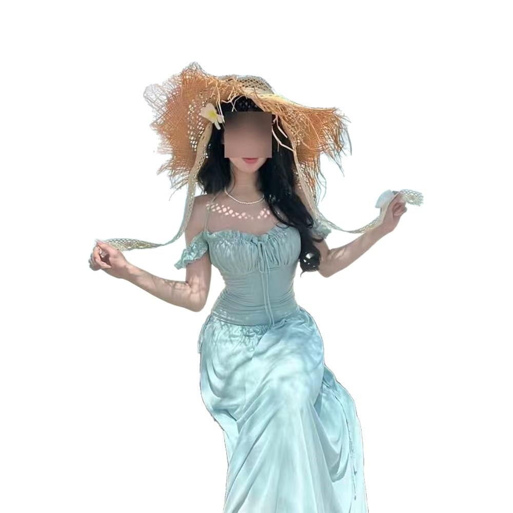 French super fairy square collar one-word shoulder dress women's summer new waist and thin seaside vacation wind beach dress