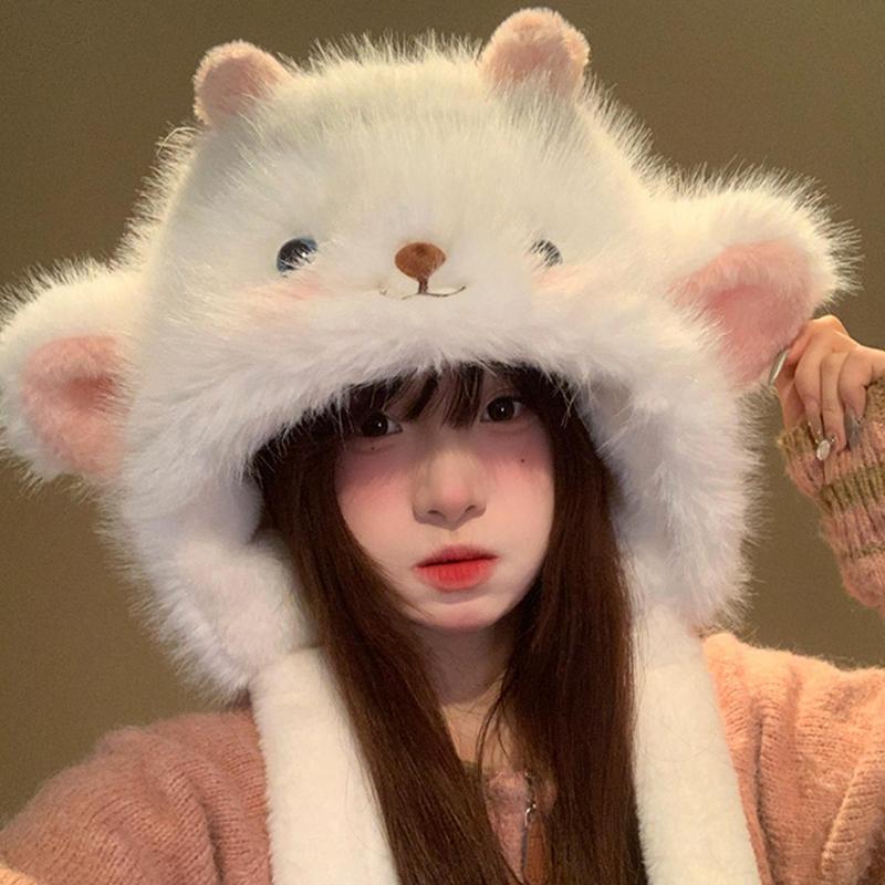 1Pieces Women's Winter Cute Thick Warm Ear Protection Hat With Moving Ears Cartoon Plush Hat Mountaineering Scarf