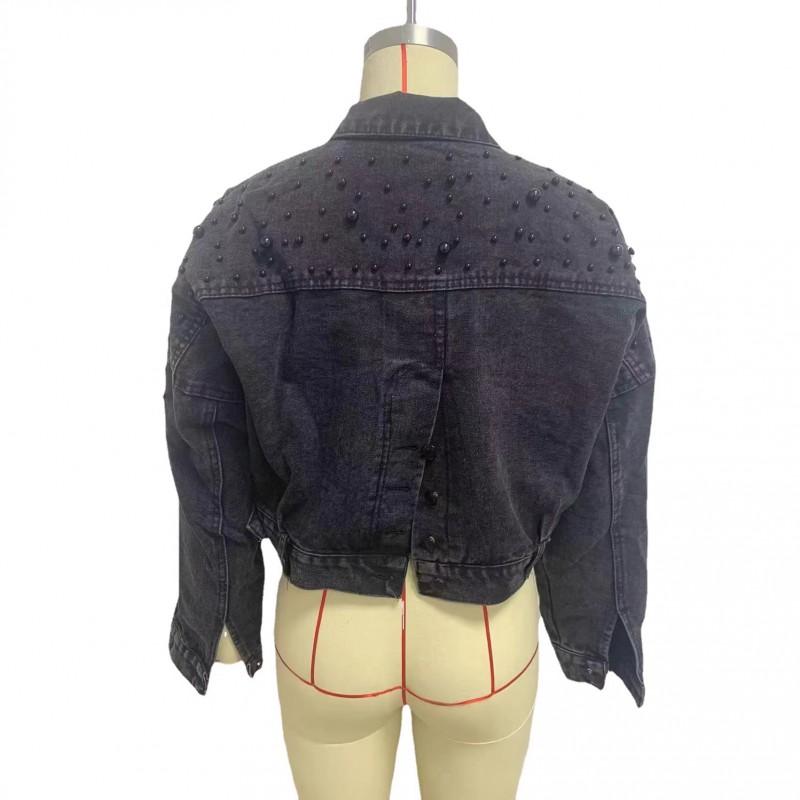 Womens Denim Jacket Short Loose Fit Oversized Cropped Jean Coat With Embellished Beading Casual Chic Outerwear