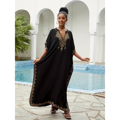 Ramadan Plus Size Boho Kaftan Dress, Women's Plus Golden Embroidered Bat Sleeve Notched Neck Maxi Cover Up Dress