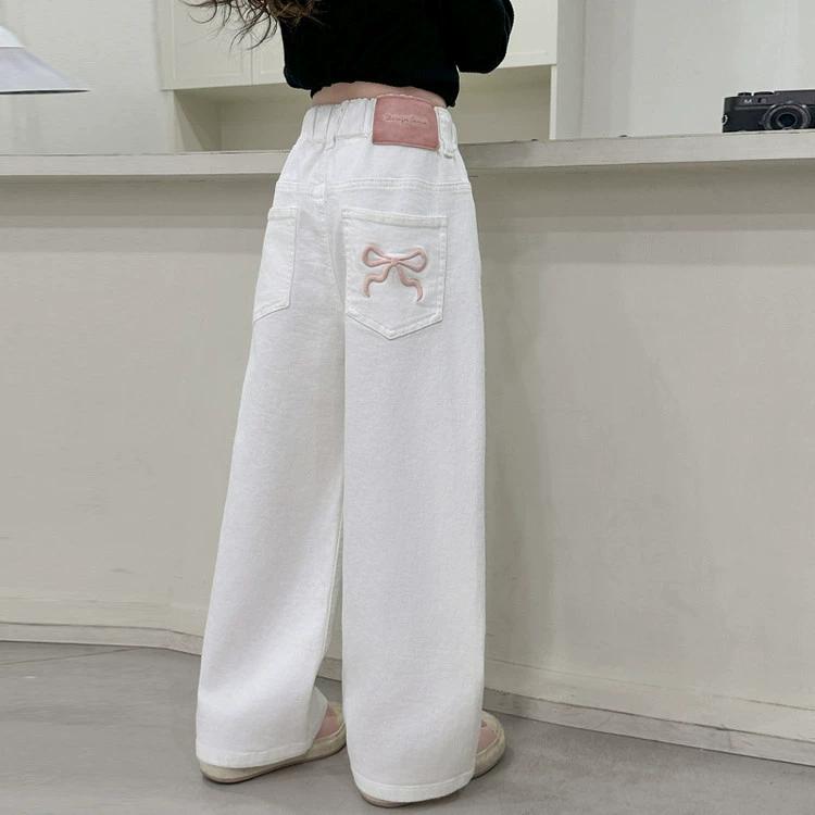 Dětské Vintage Bílé Rovné Džíny s Mašlemi pro Dívky Jarní Slim Volné Džínové Kalhoty Dětské Dospívající Ležérní Džíny Kalhoty