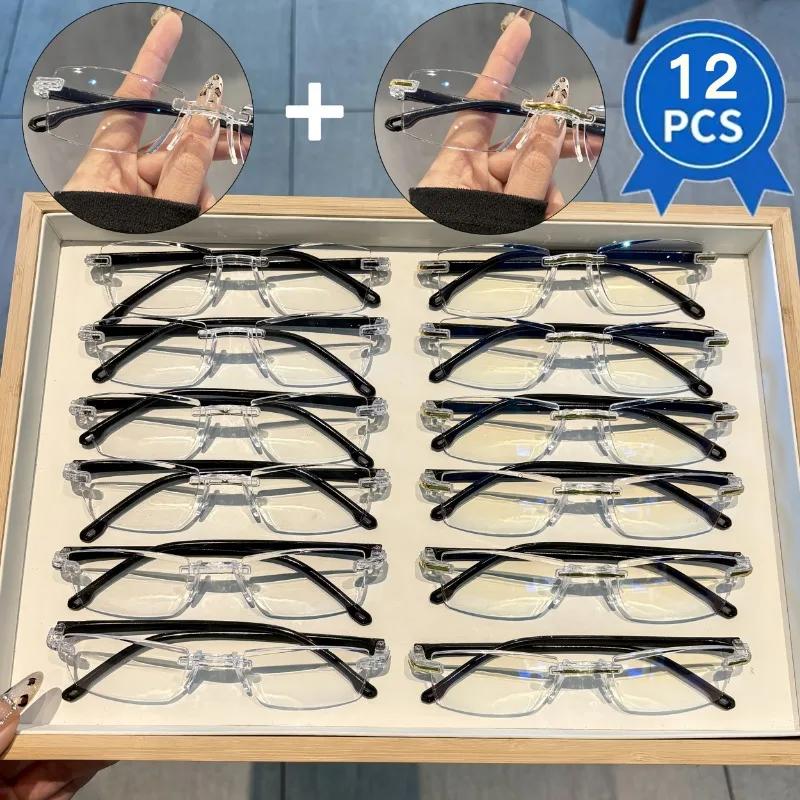 12pcs Women's Elegant Frameless Reading Glasses with Fully Transparent Lenses and Gold-plated Decorative Double Panel Unisex