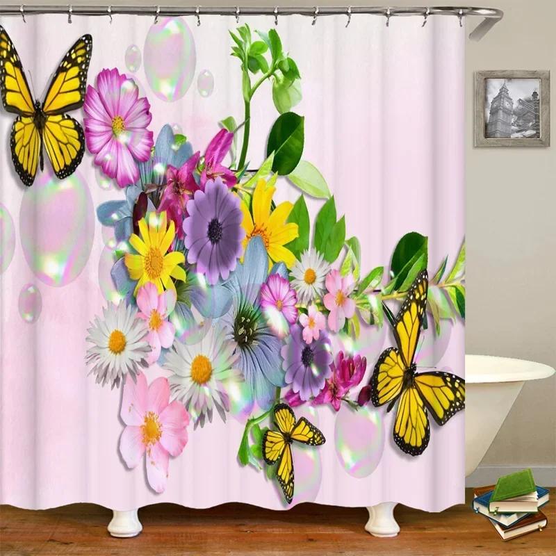 Czerwona róża Motyl Kwiaty Zasłona prysznicowa 3D Łazienka Zasłona Tkanina Wodoodporny Poliester Zmywalny Zestaw Zasłon Ekranowych do Kąpieli