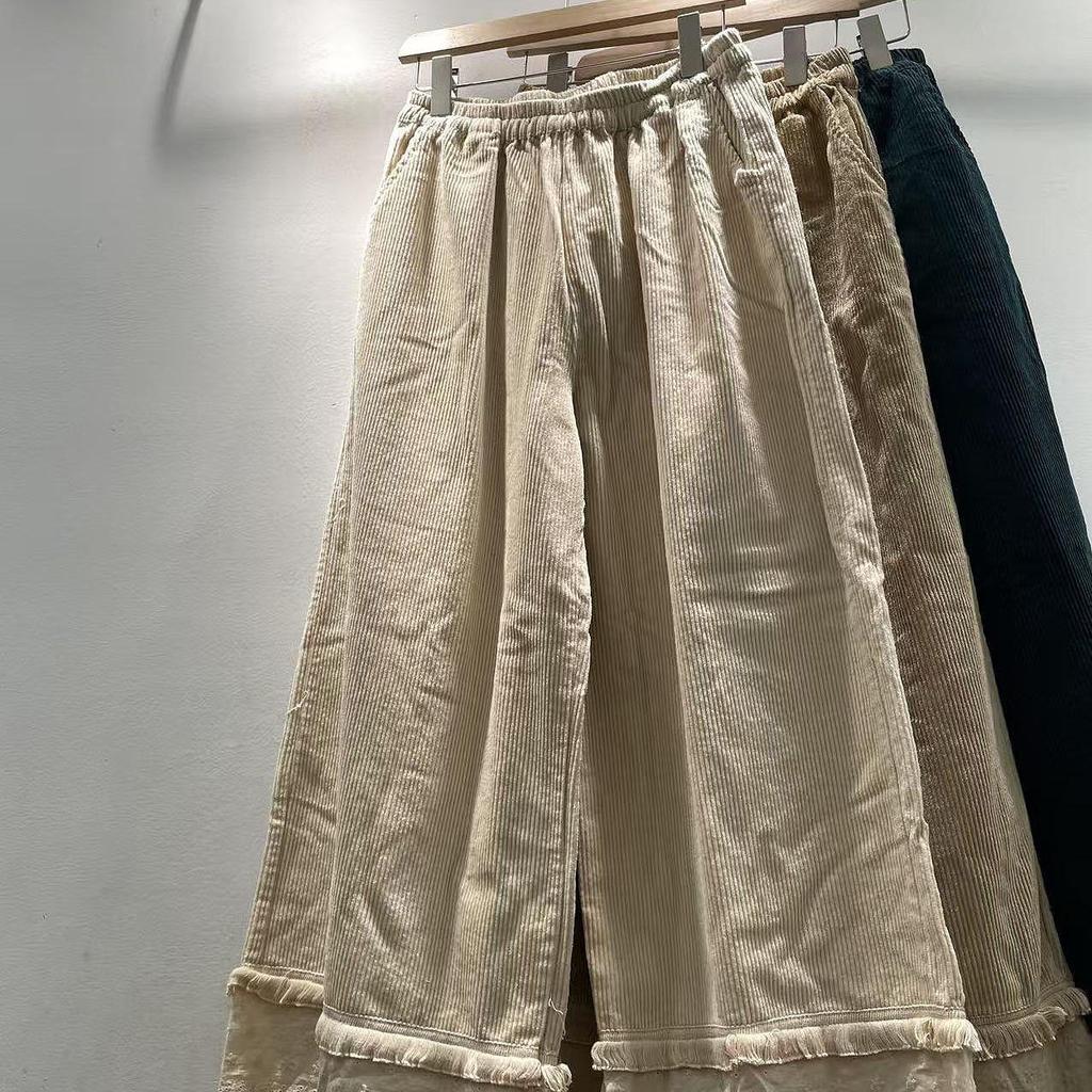 Autumn/Winter Mori Girl Style Women's Corduroy Wide-Leg Pants with Elastic Waistband and Lace Hem