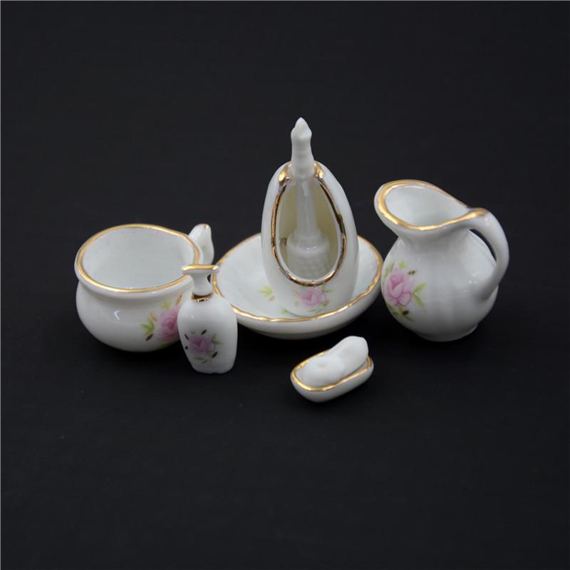 8Pcs 1/12 Miniature Dollhouse Bathroom Accessories Set Floral Ceramic Mini Decor Gift