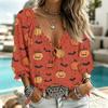 Women's Casual Halloween Print V-Neck Ruffle Trim Tie-Front Top with 3/4 Sleeves