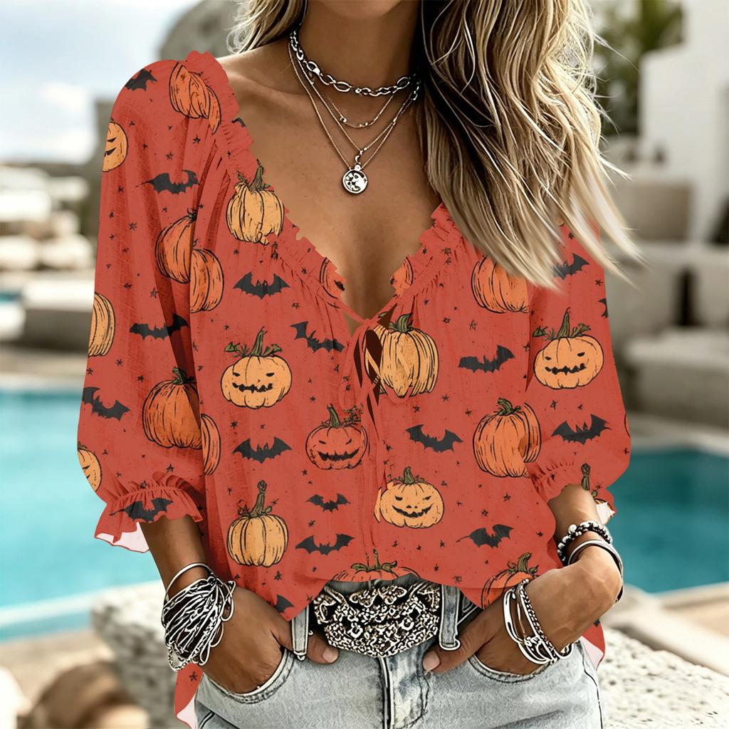 Women's Casual Halloween Print V-Neck Ruffle Trim Tie-Front Top with 3/4 Sleeves