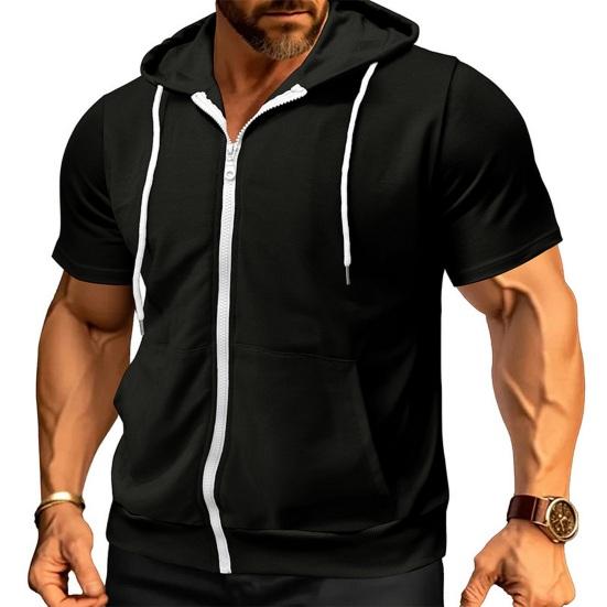 Men's Zip-up Hooded T-Shirt Summer Short Sleeve Hoodie Tee Solid Color Full Zipper Tee Shirt with Pockets for Daily Sports Street Gym