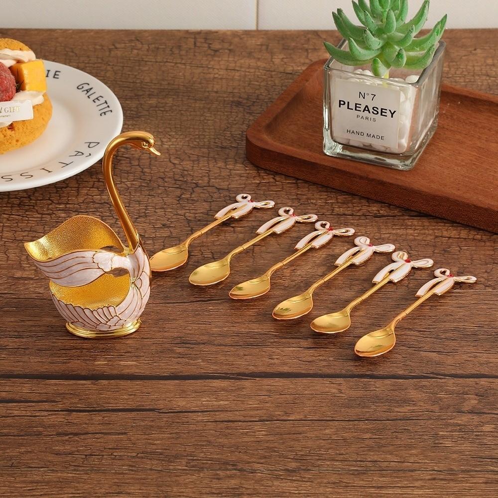 6 Pieces Coffee Spoon Set Swan Base Holder Stainless Steel Spoons Dessert Spoon Set Fruit Dessert