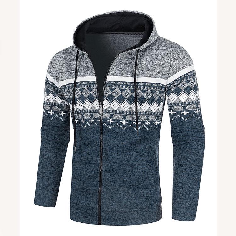 Men's Ethnic Style Hooded Knit Cardigan: Casual, Loose, Slim-Fit, Thin Fleece Sweater with Printed Design