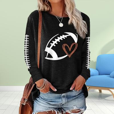 Tops For Women 3D Rugby Print Round Neck Long Sleeve T-shirt Fall Casual Slim Pullover Women's Long Sleeve Top