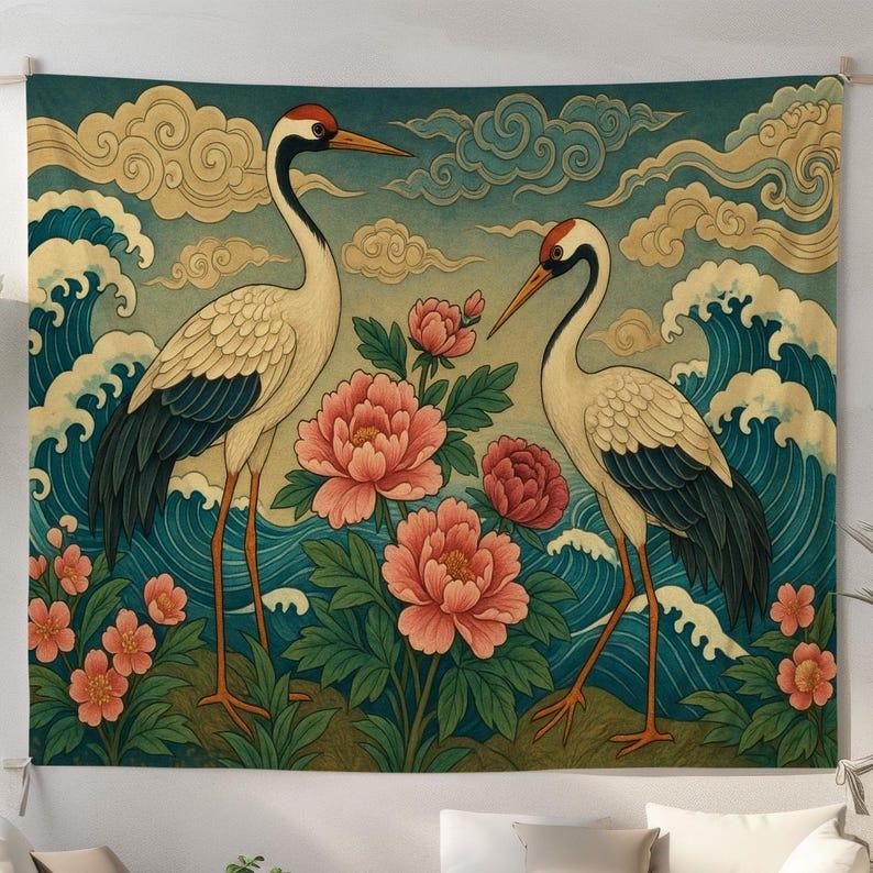 Japanese Crane Flowers tapestry 75x100 чёрный