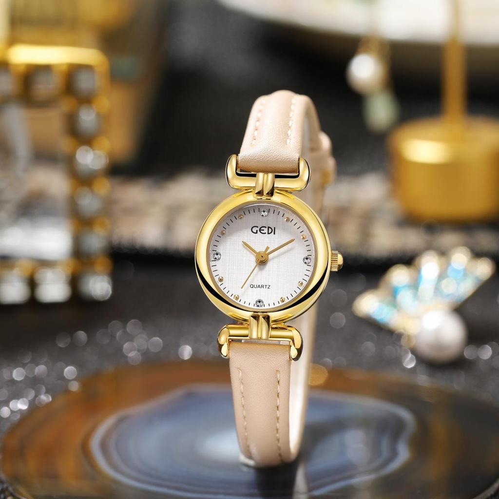 Gedi Retro-Style Women's Thin Quartz Watch with Cloth Pattern and Genuine Leather Strap