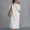 Women's One Shoulder Long Sleeve Maxi Dress, Casual Cotton Linen Long Tunic Dress, Side Slit Summer Loose Dress with Pockets