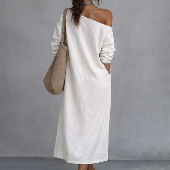 Women's One Shoulder Long Sleeve Maxi Dress, Casual Cotton Linen Long Tunic Dress, Side Slit Summer Loose Dress with Pockets