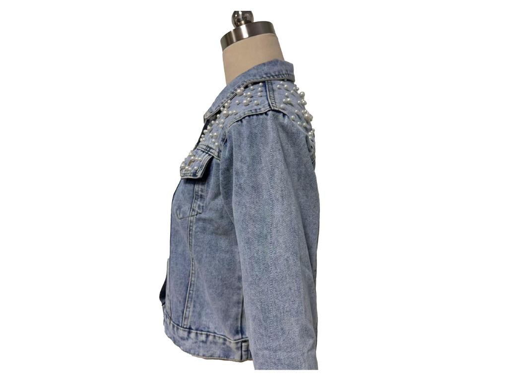 2025 Oversizowana damska kurtka dżinsowa z haftowanymi perłowymi koralikami