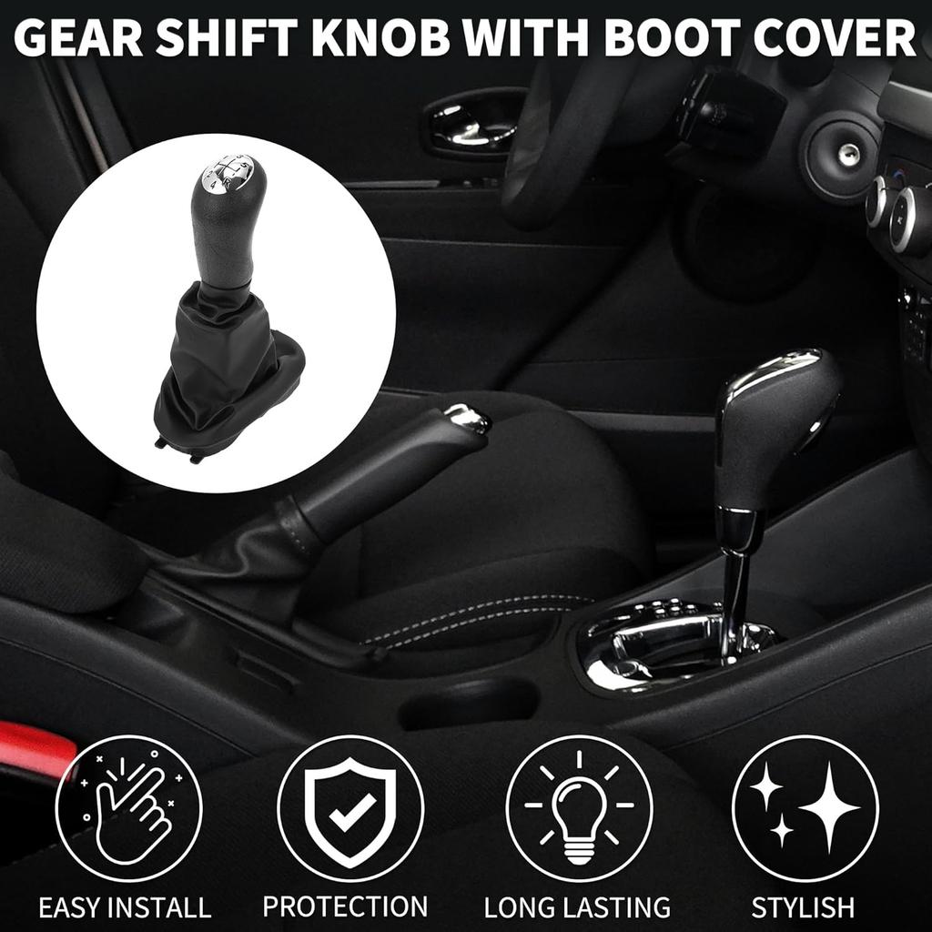 5 Speed Manual Gear Shifter Knob with Cover for Renault Clio II | Gearbox Stick Shifter Lever Knob Black Chrome Silver Tone Plastic Faux Leather 1 Pc