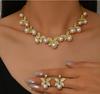 Hollow Leaf Necklace Earrings Bracelet Ring Four-Piece Set Bridal Wedding Rhinestone Accessories