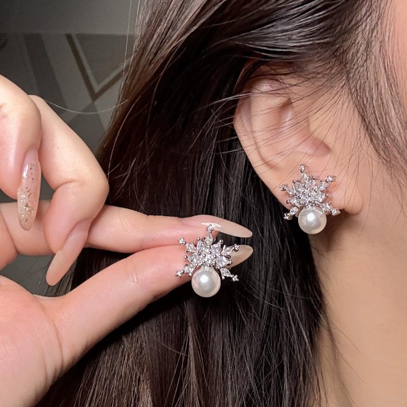 Cercei Stud Fulg de Nea din Argint Sterling cu Zirconiu Cubic de Lux pentru Femei Nuntă Modă Perle Imitate Cadou de Mireasă