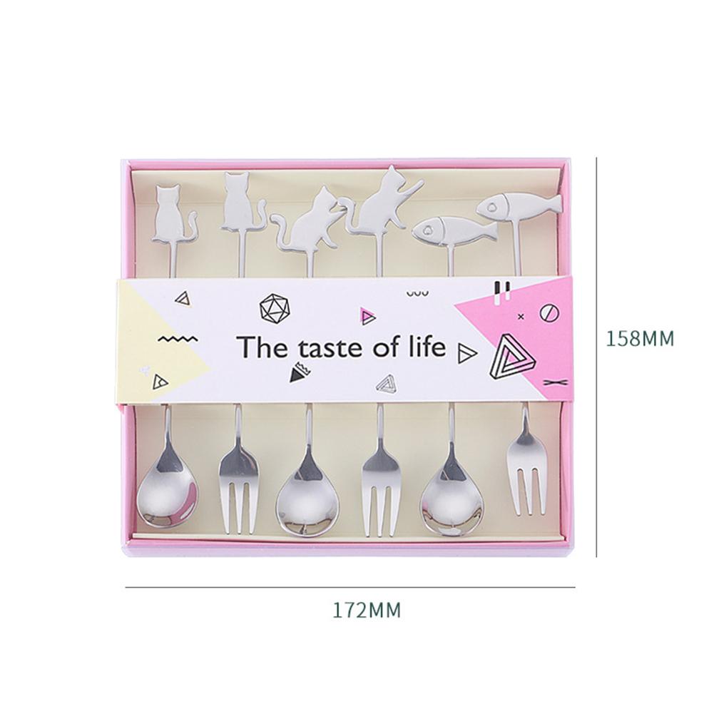 6pcs Spoons Fork Set 304 Stainless Steel Cat Fish Shape Coffee Snacks Fruit Prikkers Dessert Fork Kitchen Tool