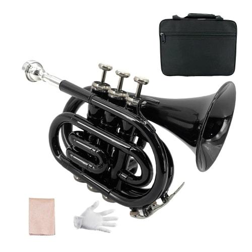 Yinfente Bb Flat Pocket Trumpet for Beginners, Includes Student Cleaning Cloth, Silver-Plated 7C Mouthpiece, Hard Case, and White Glove (Black)
