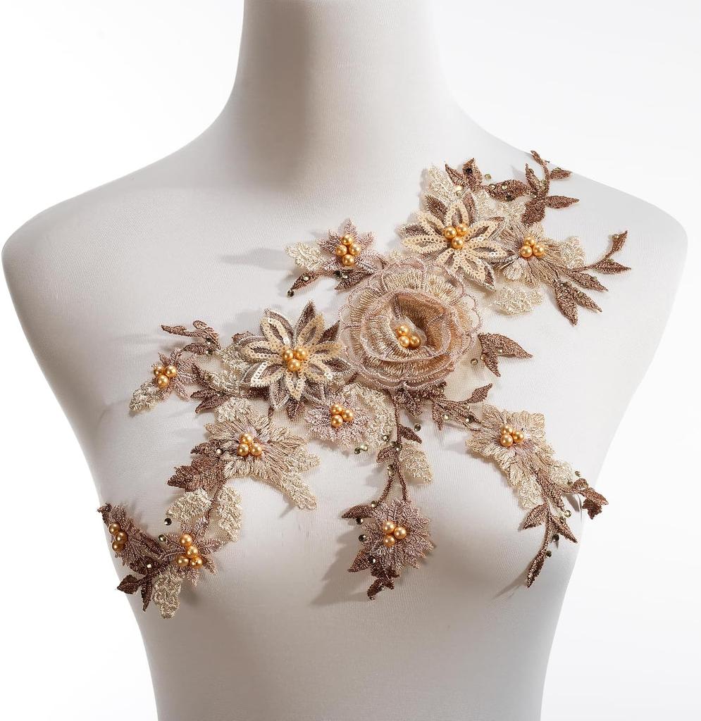 1Pcs Pink Purple Green Beaded Sequin Flower EmbroiderySewing Craft Lace Neckline Applique Trim Patch Repair Dress Bridal Gown Decor