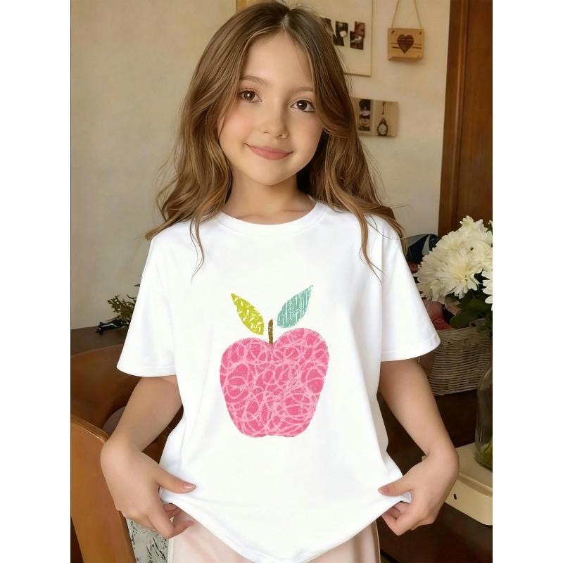 European sizes Charming Hand-Painted Apple Design, a Fresh Summer Fashion Piece for Girls, Lovely Short-Sleeve T-Shirt for Girls