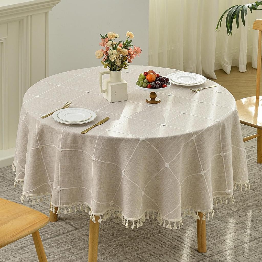 Lattice Embroidery Round Tablecloth Cotton Linen with Tassel for Kitchen Dining Party Tabletop Picnic Wedding Decor Table Cover