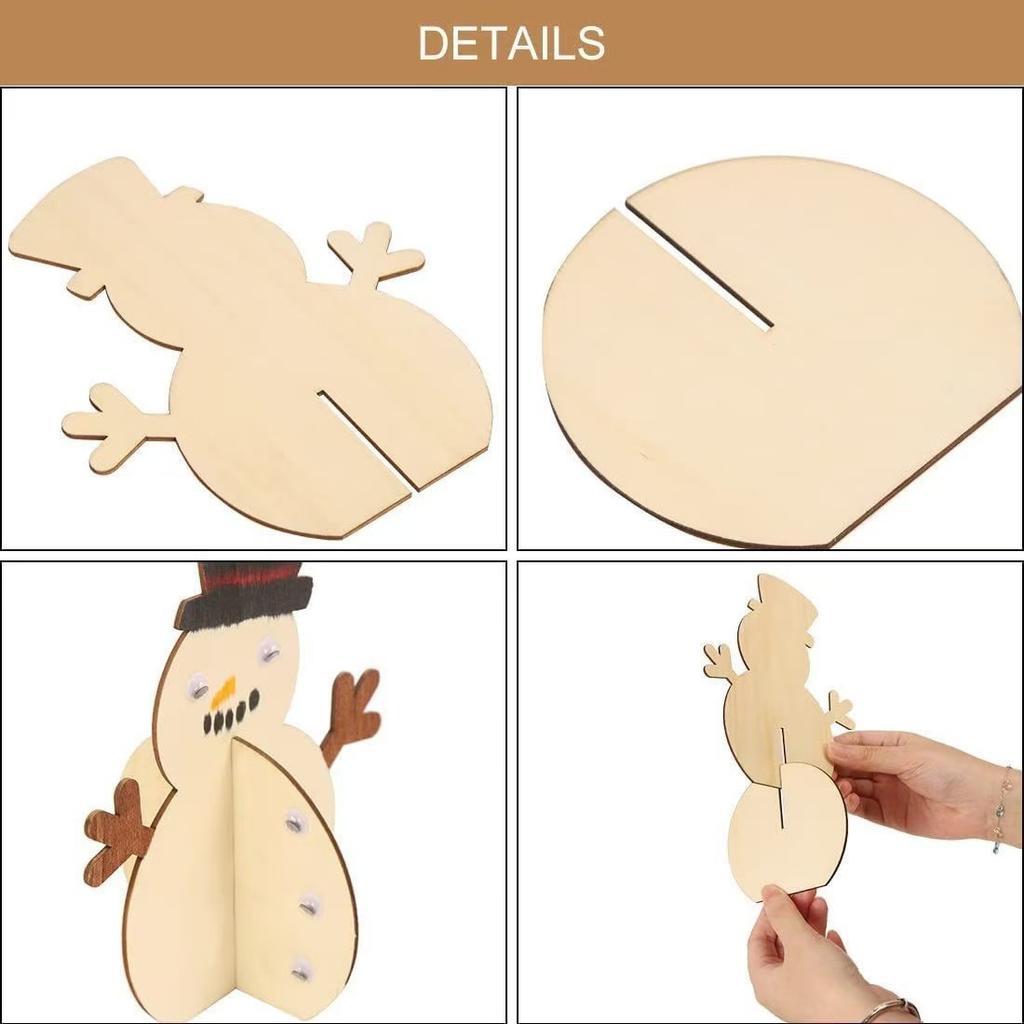 6pcs DIY Christmas Snowman Shape Assembly 3D Wooden Pieces Unfinished Painted Wooden Crafts Ornament for Home Decor