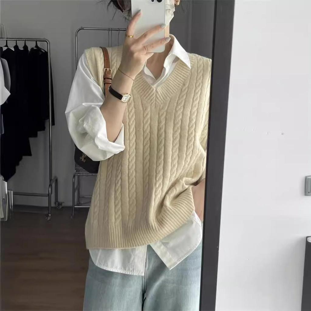 Gilet Retro a Maglia Intrecciata Stile Coreano Taglie Forti Moda Donna Stile Preppy Ampio Versatile Gilet di Lana Primavera Autunno