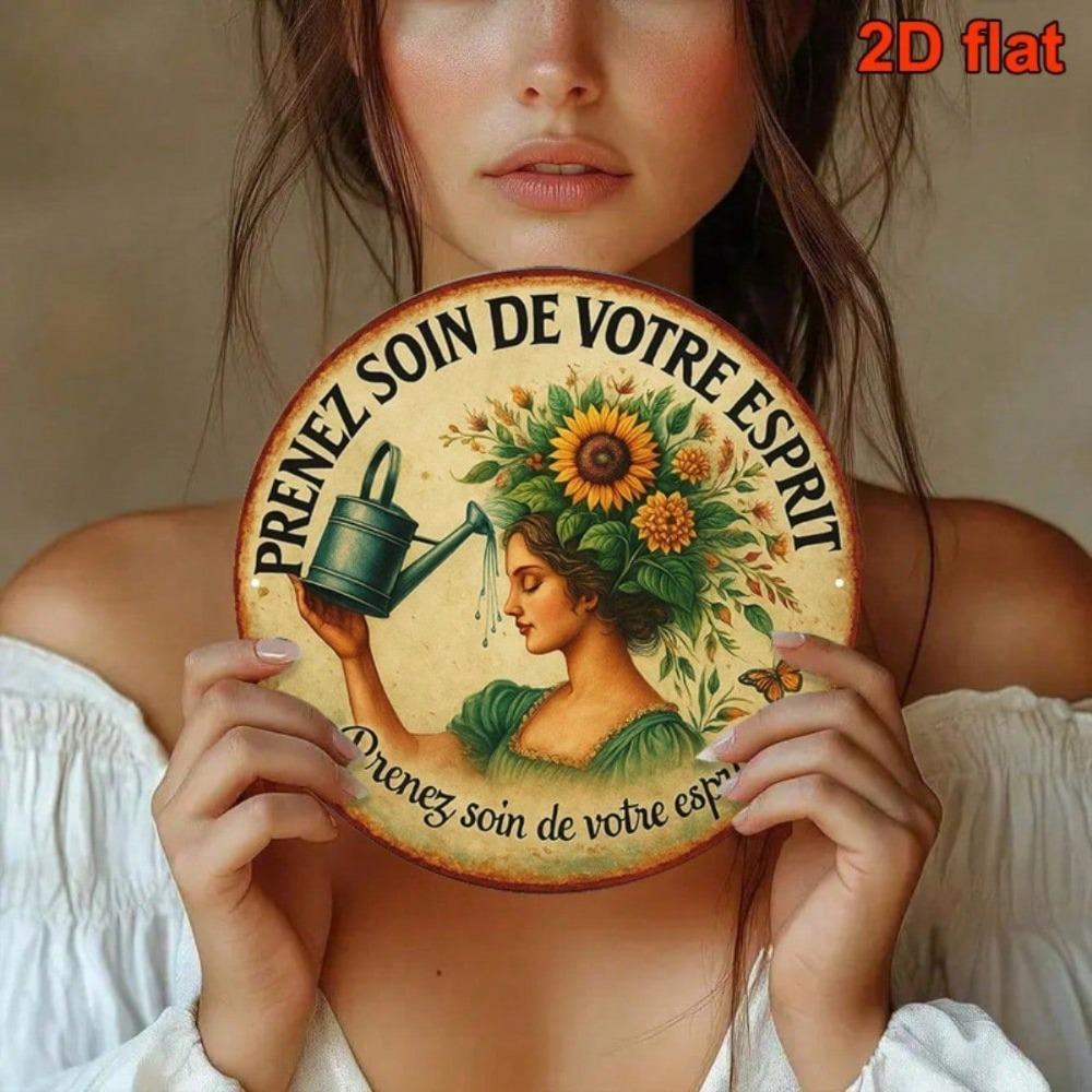 Vintage Franse Zorg Voor Je Geest 8 Inch Rond Blikken Bord Botanische Gieter Bladwerk Wanddecoratie Plaquette