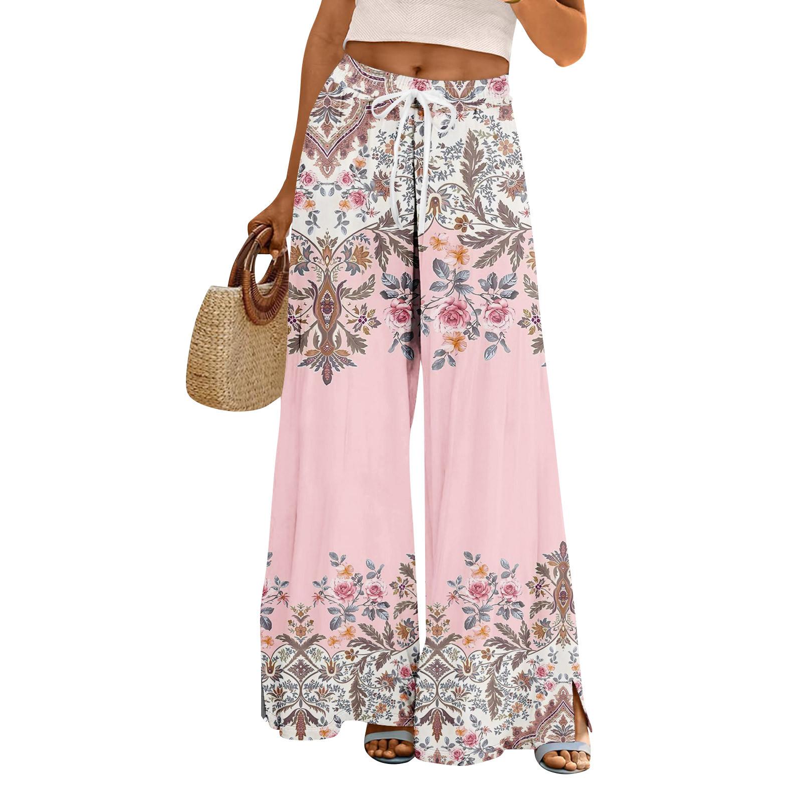 

Женские летние брюки-палаццо в стиле бохо с высокой талией, широкие повседневные брюки с цветочным принтом и карманами M розовый