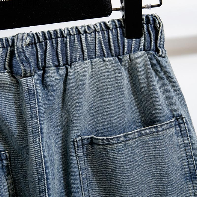 MODIQUE 2025 New Plus Size Summer Women's Loose Casual Straight Sickle Denim Long Pant Ladies Classic Elastic Solid Color Blue Jeans