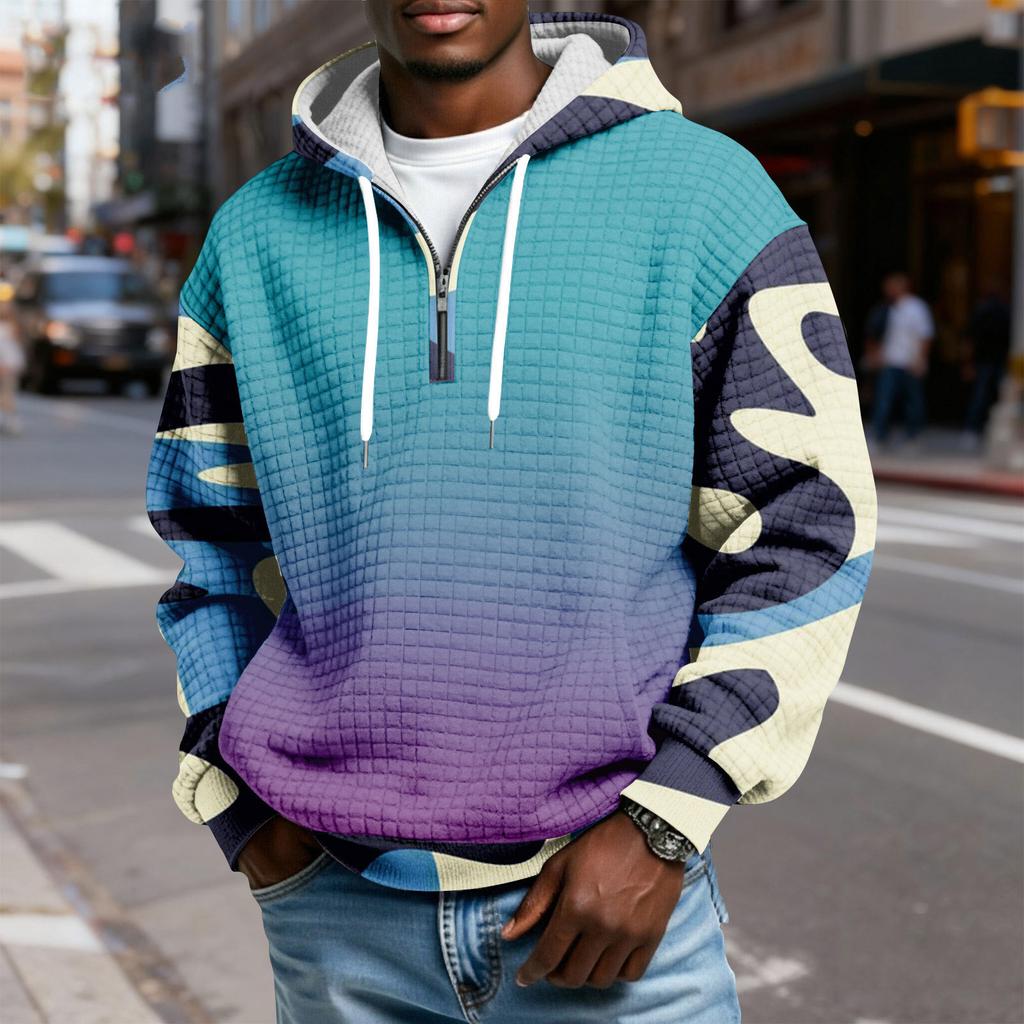 Sudadera Deportiva Casual para Hombre con Capucha y Media Cremallera a Cuadros con Cordón y Estampado