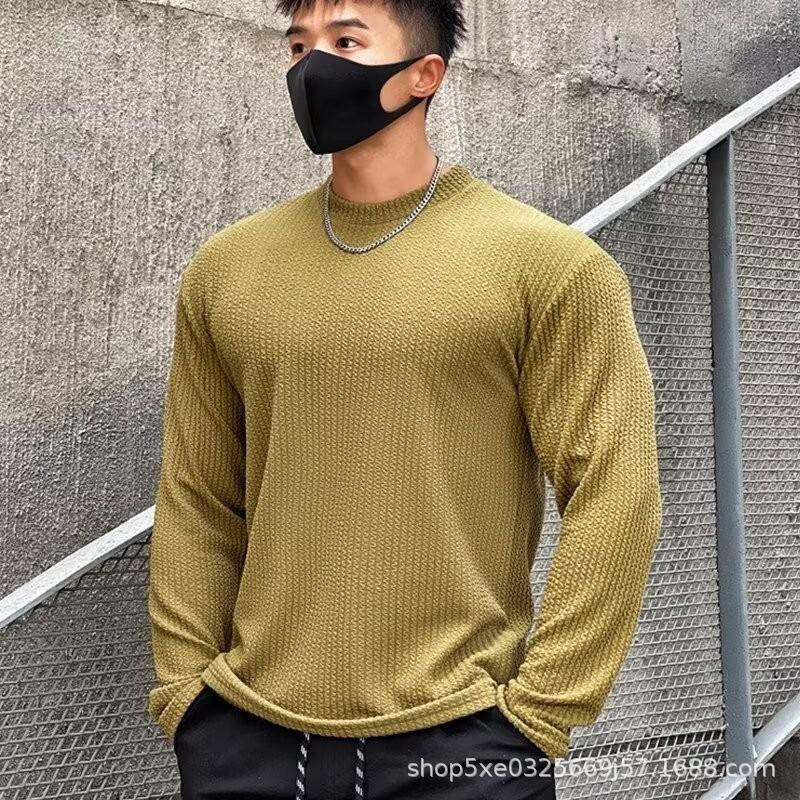 Men Waffle Jacquard Tight Elastic Long Sleeve Fitness Sports Casual Bottoming T Shirt