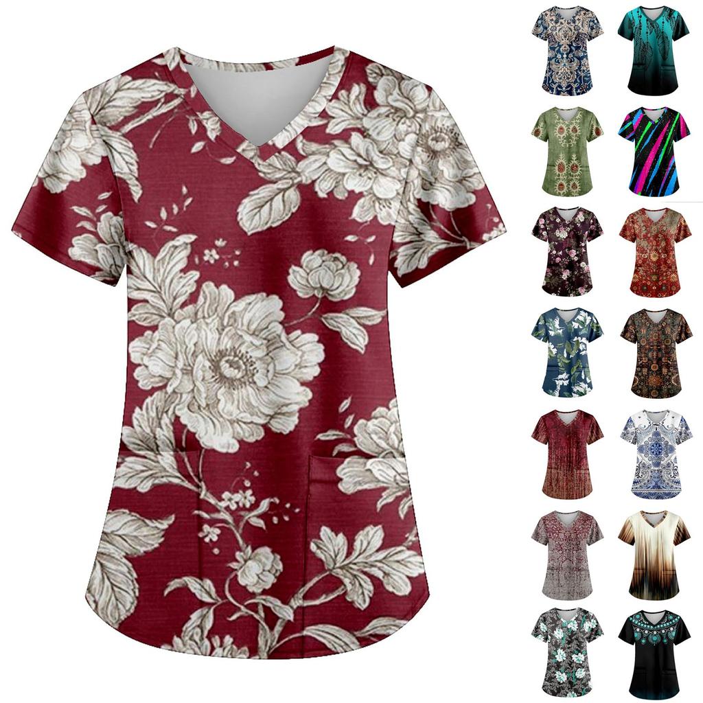Women's Fashion Printed Work Uniform With Pocket T-Shirt Short Sleeve Top