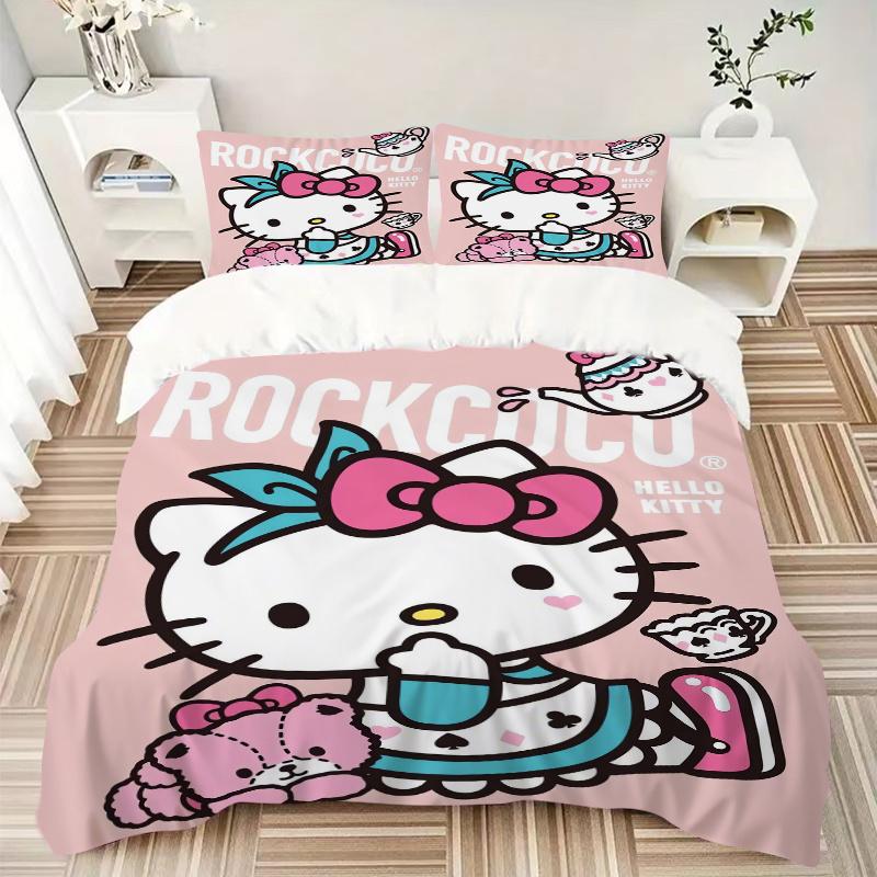 3pcs Pink Kettle With Hello Kitty Design Pattern Bedding Three-Piece Set (1 Cover + 2 Pillowcases, No Fillings),  Soft and Comfortable W072