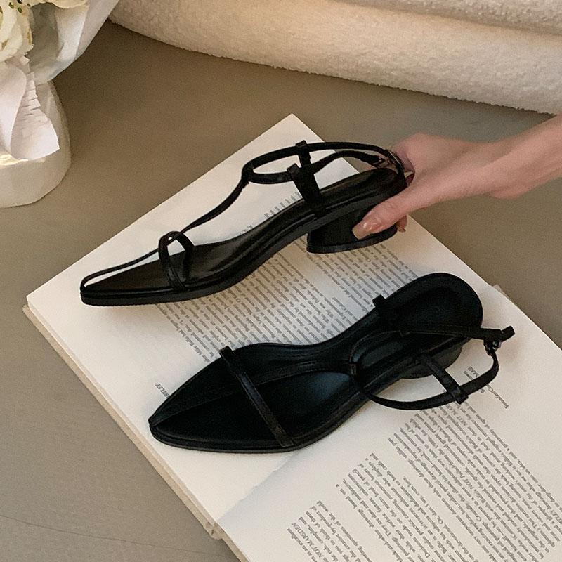 Fashion Luxury Female Fashion T-Strap Women Low Heel Sandals Shoes Summer Pointed Toe Ladies Round Heel Sandals Shoes