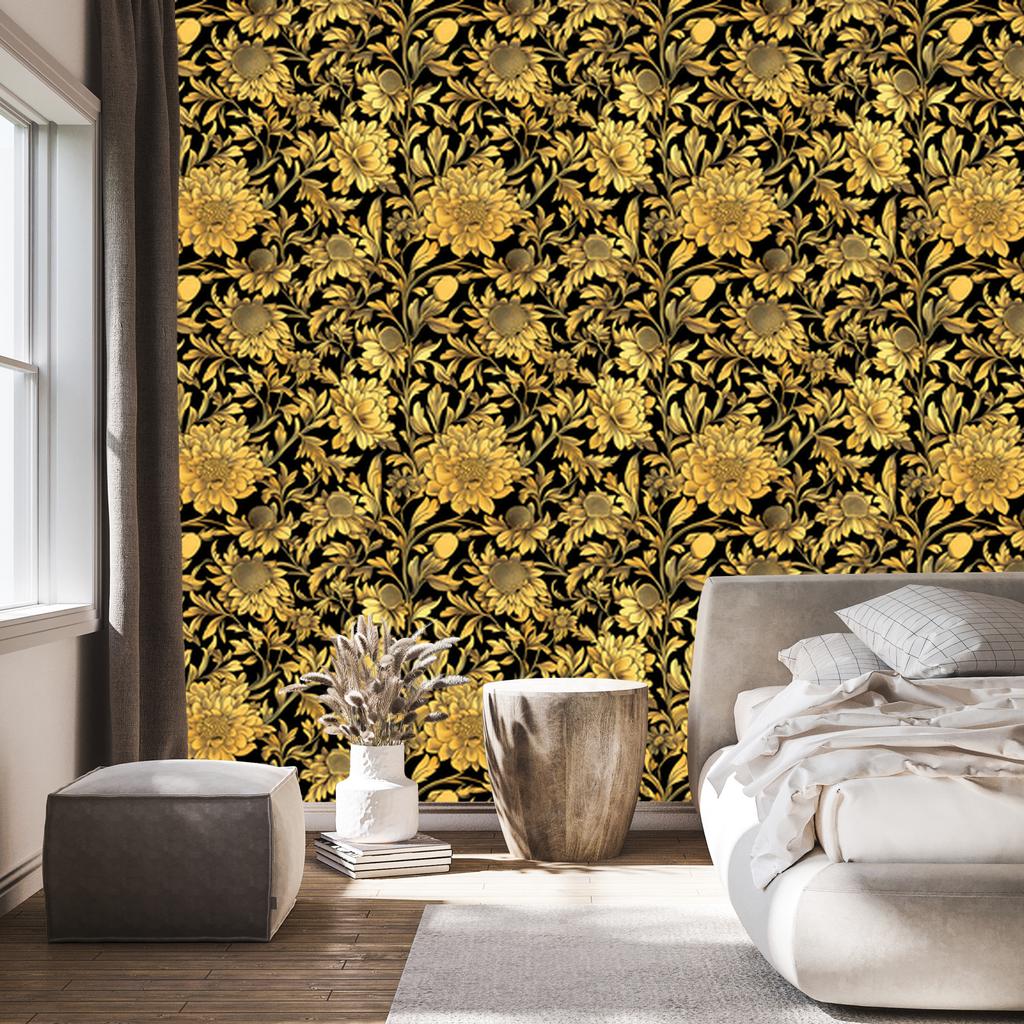 Golden Hibiscus Wallpaper Ochre, Gold, Yellow and Black 50x1000
