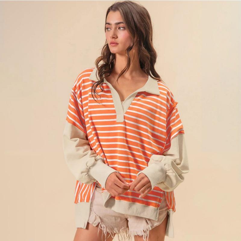 JPNTKY Dámská móda Ležérní Podzim Zima Pruhovaný potisk Dlouhý rukáv POLO Límec Trička a Topy s dlouhým rukávem