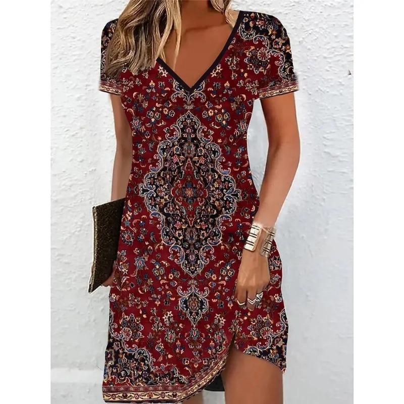 Women Short Sleeve V-Neck A-Line Dress Marble Pattern 3D Print Dress Oversizd Casual Elegant Female  Vestidos