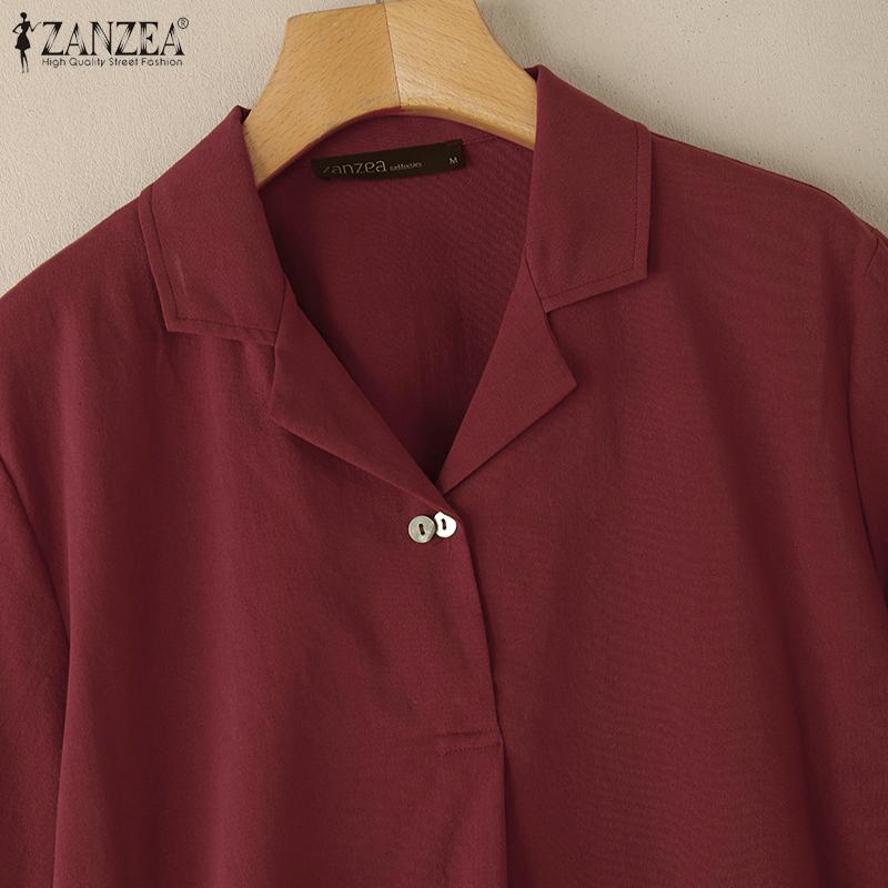 ZANZEA Damen Lässig Umlegekragen Locker Kurzarm Baumwollbluse