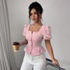 Square Neck Summer Women Floral Sweet Women Blouse Puff Sleeve Elegant Tops Slim Fit Fashion Casual Single-breasted Short Shirts for Women