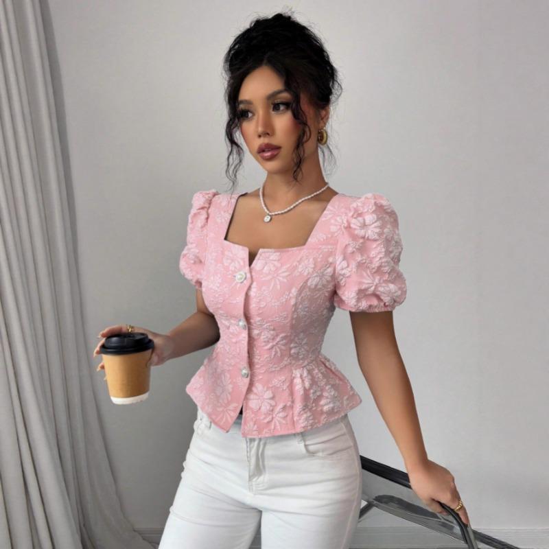 Square Neck Summer Women Floral Sweet Women Blouse Puff Sleeve Elegant Tops Slim Fit Fashion Casual Single-breasted Short Shirts for Women