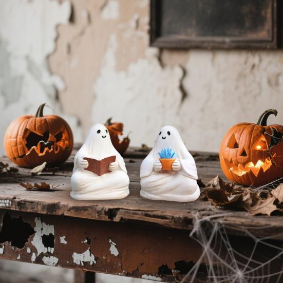 2 Pcs Sitting Ghost Ornaments Reading Holding Potted Plant Statue Figurine Resin Ghost Halloween Decor